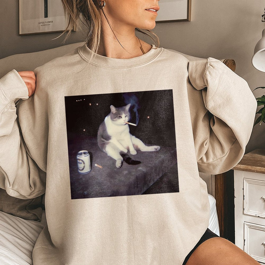 Smoking Cat Meme Sweatshirt | Funny Drinking Cat Graphic Pullover | Premium Cotton Blend Crewneck | Unisex Gift For Sarcastic Humor Lovers