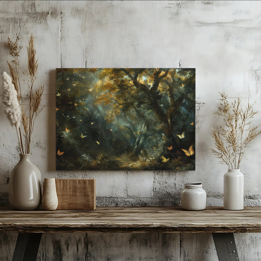 Enchanted Forest Canvas Wall Art | Mystical Woods with Glowing Butterflies | Premium Fade-Resistant Print | Moody Woodland Landscape for Living Room Decor