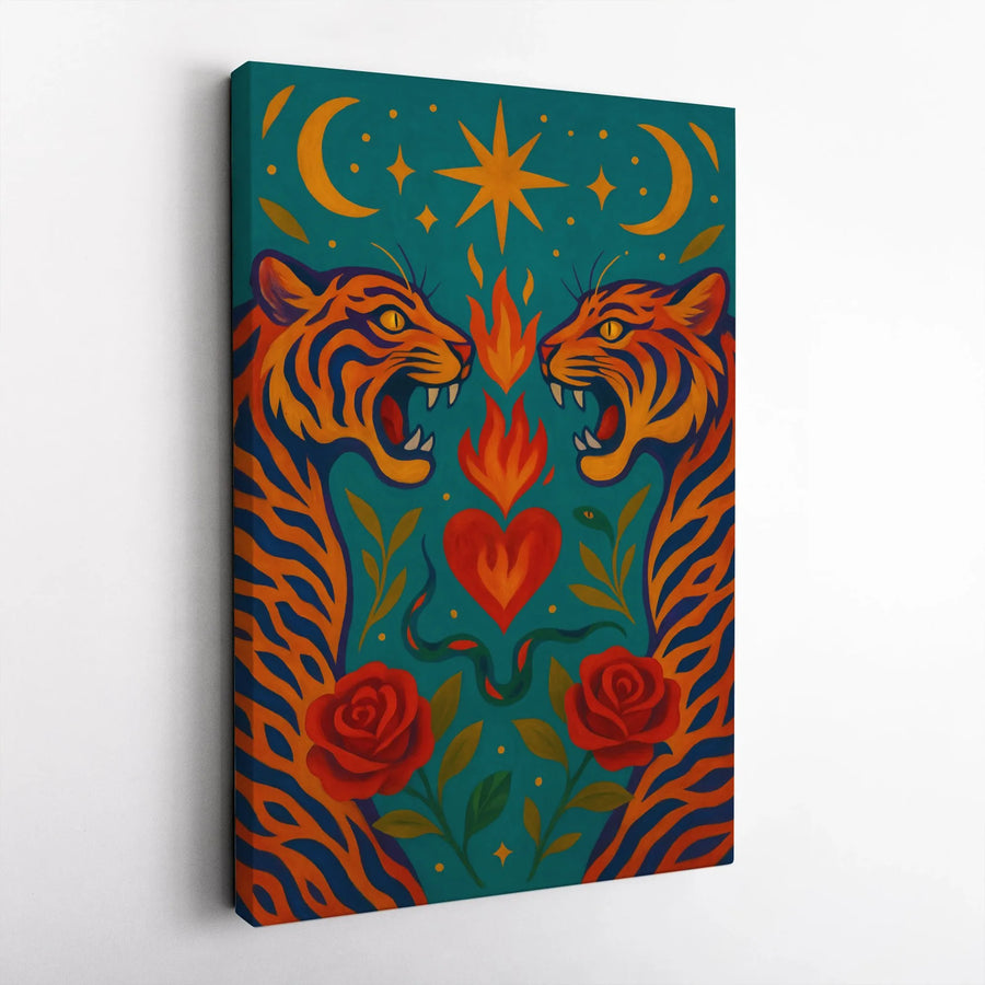 Tiger Canvas Print | Symmetrical Flaming Heart & Roses Illustration | Premium Gallery Quality | Boho Living Room Decor Gift