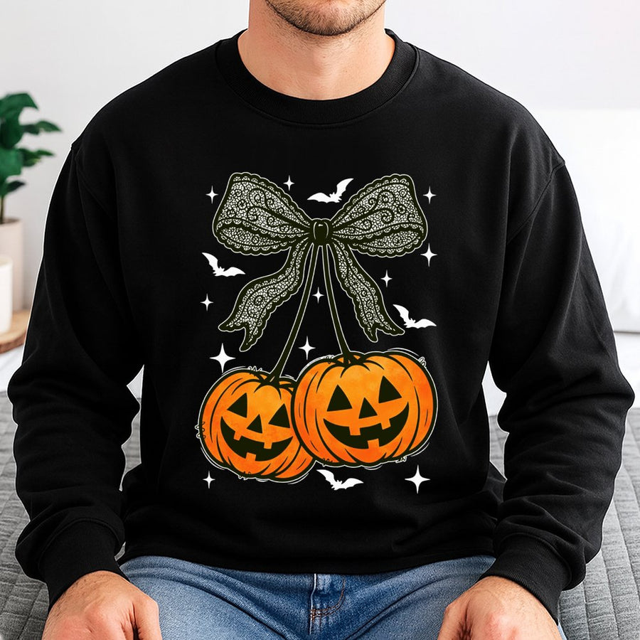Halloween Pumpkin Cherry Bow Sweatshirt | Gothic Coquette Aesthetic Graphic | Premium Cotton Blend | Spooky Season Gift For Her