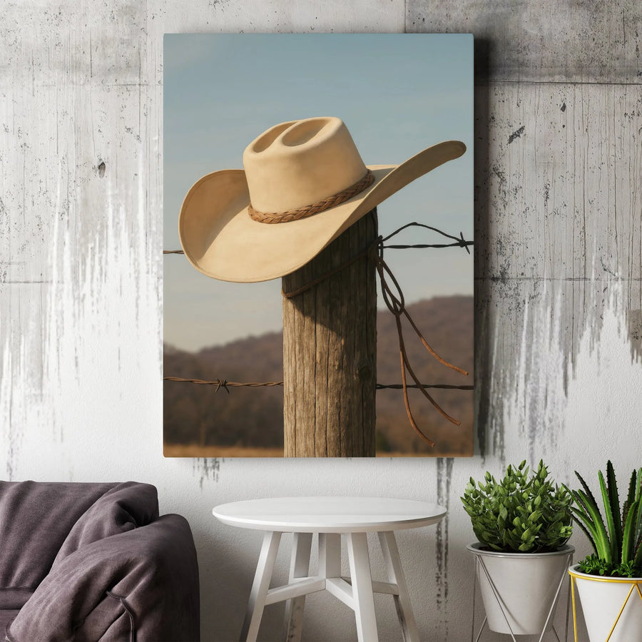 Cowboy Hat on Fence Post Wall Art | Western Rustic Landscape Canvas Print | Premium Gallery Wrap Decor | Farmhouse Country Home Gift