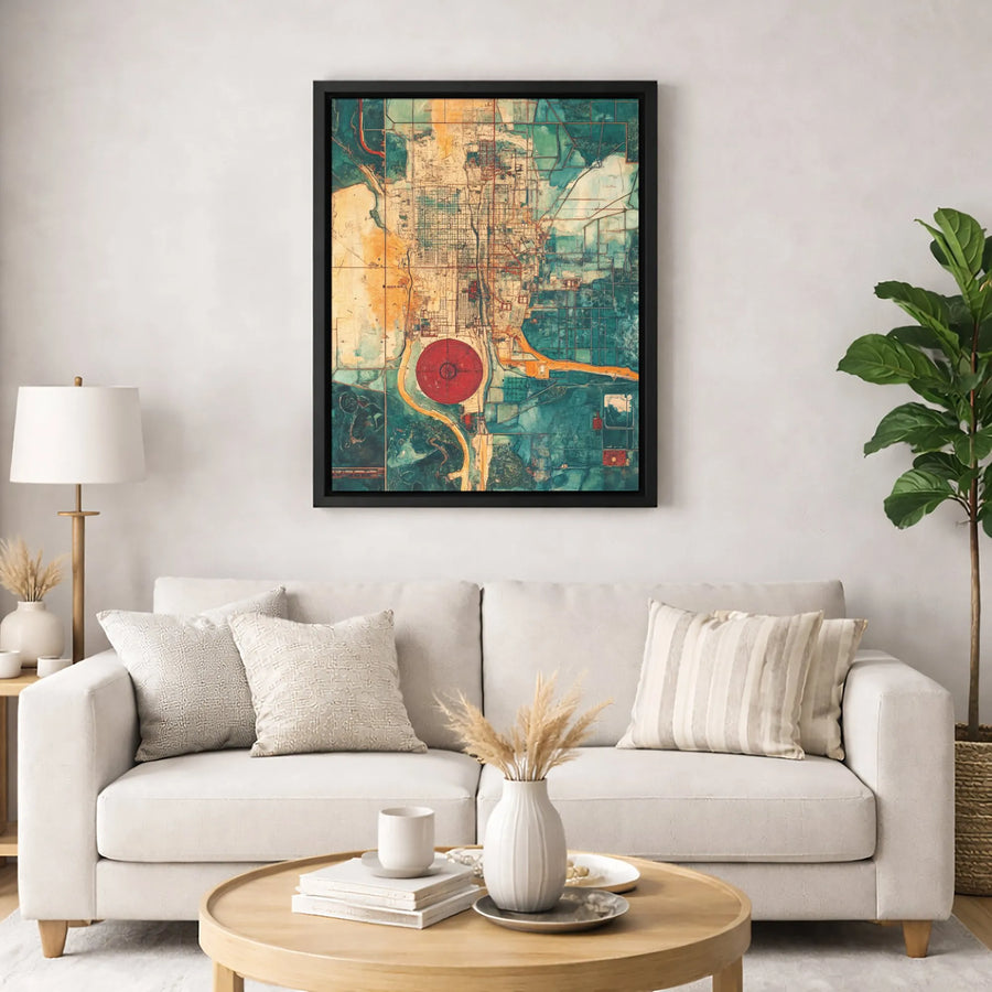 Abstract City Map Canvas Wall Art | Vibrant Teal and Orange Urban Grid Design | Premium 1.25 Inch Thick Gallery Wrap | Modern Home Office Decor Gift