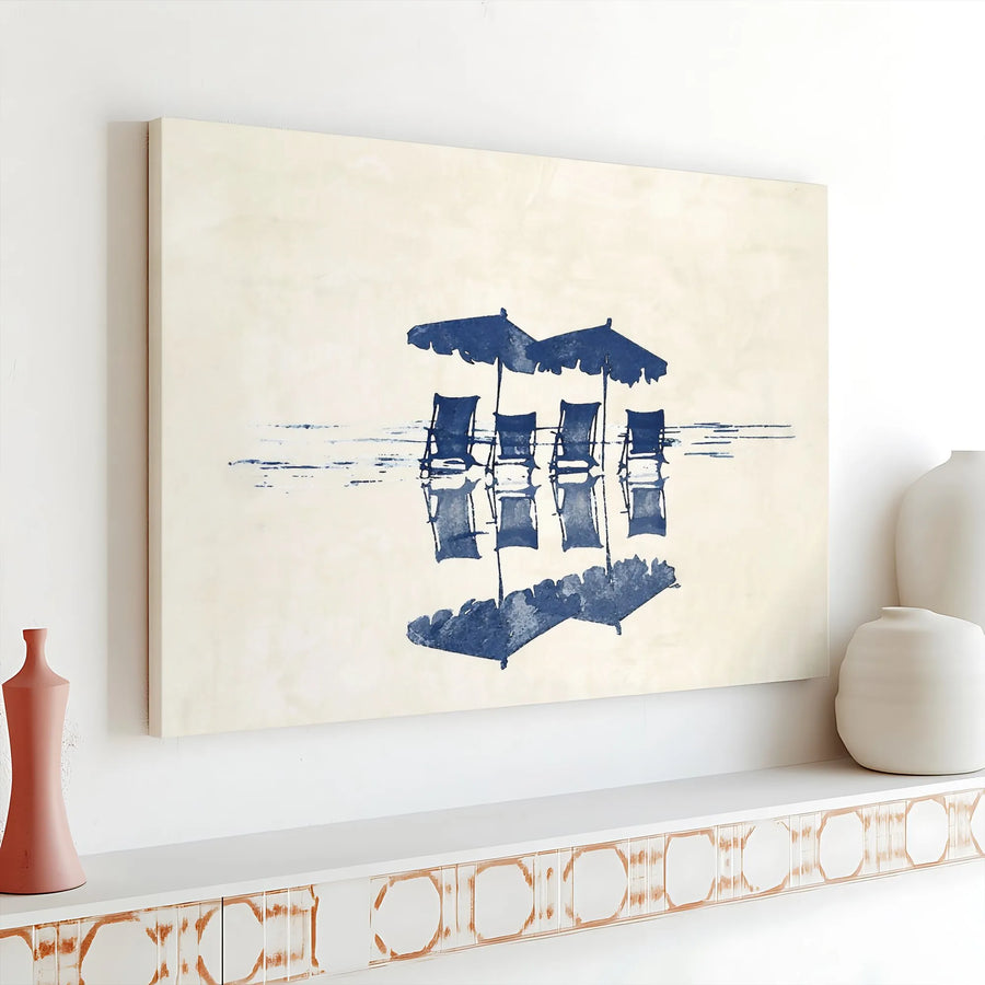 Beach Chairs Watercolor Canvas Print | Coastal Blue Umbrella Wall Art | 1.25 Inch Gallery Wrap | Serene Beach House Decor Gift