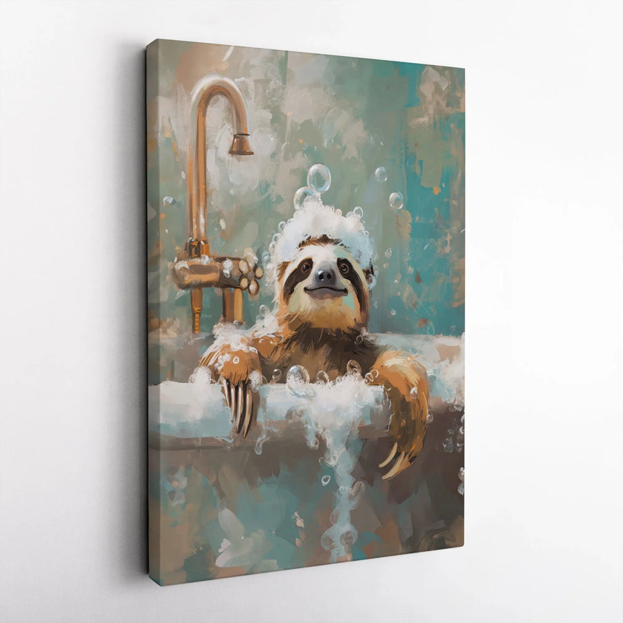 Funny Sloth Bubble Bath Wall Art | Whimsical Bathroom Decor Canvas | Premium Gallery Wrapped Print | Unique Animal Home Decor Gift