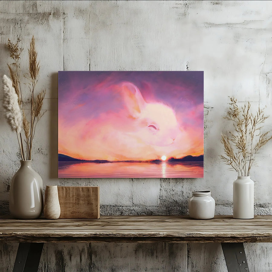 Surreal Bunny Cloud Canvas Art | Whimsical Sunrise Sky Painting | Premium Fade-Resistant Print | Unique Nursery Decor Gift for Rabbit Lovers