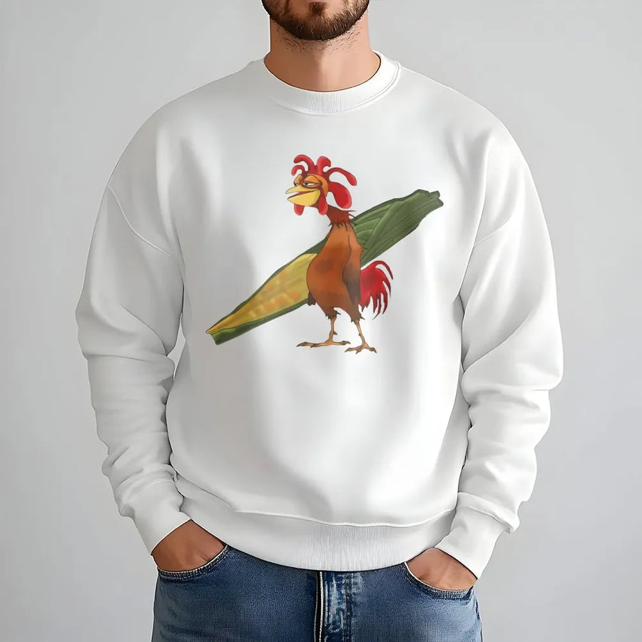 Surfing Chicken Sweatshirt | Funny Retro Cartoon Rooster Graphic | Premium Cotton Blend Crewneck | Coastal Surf Gift for Surfers