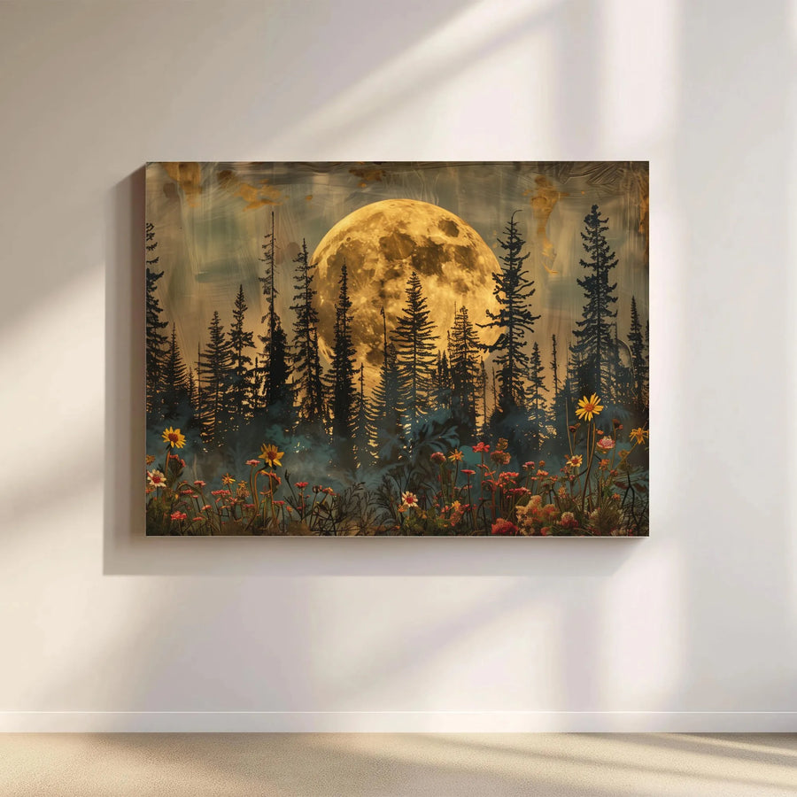 Full Moon Pine Forest Canvas | Moody Woodland Wildflower Art | Premium 1.25-Inch Gallery Wrap | Nature Wall Decor Gift for Home Office