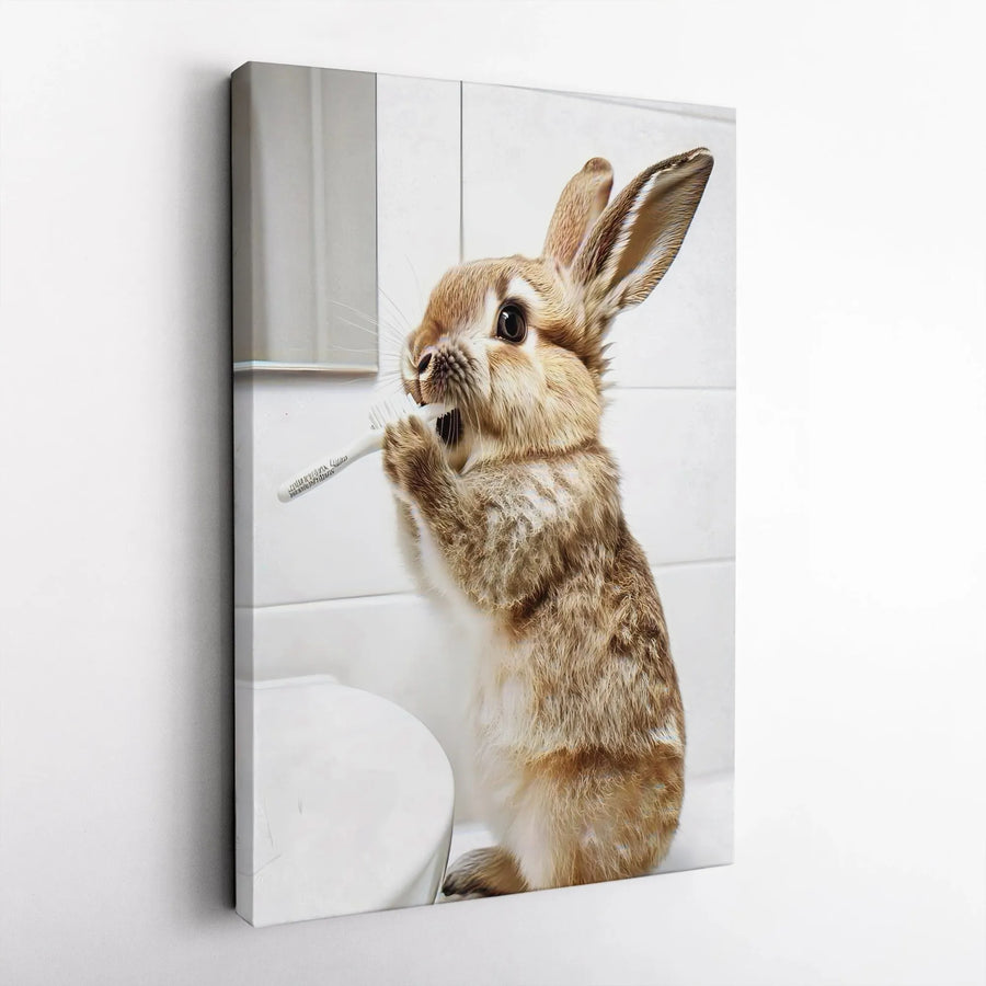 Rabbit Brushing Teeth Vertical Canvas | Funny Bathroom Decor | Premium High-Resolution Print | Kids Wall Art & Nursery Gift