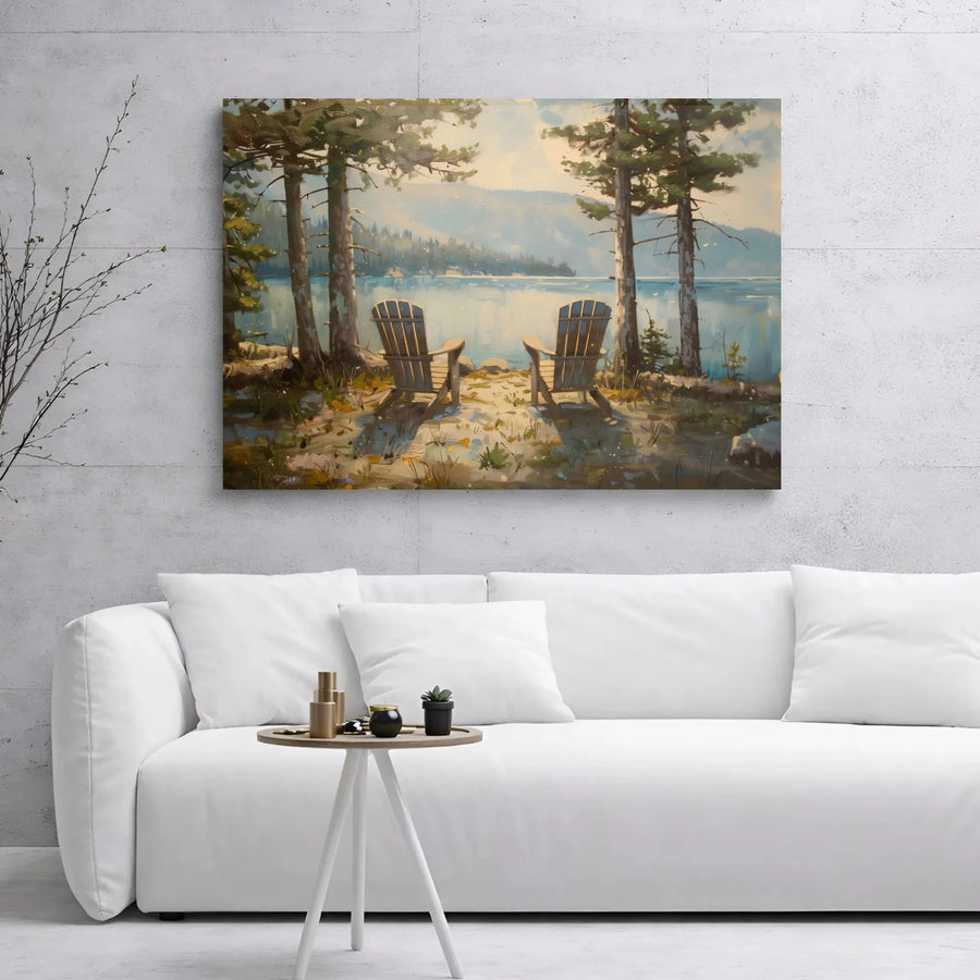 Lake House Wall Art | Peaceful Adirondack Chairs Nature Landscape | Premium Gallery Wrapped Canvas | Serene Cabin Decor Gift