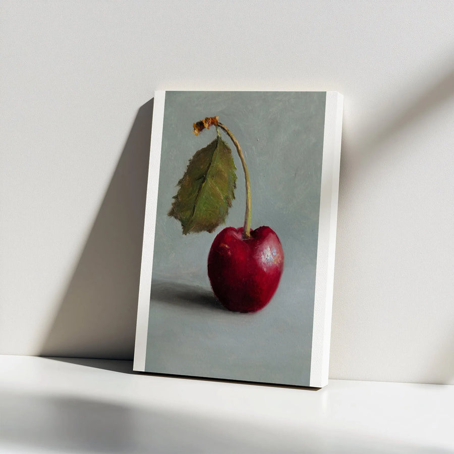 Realistic Cherry Painting Vertical Canvas | Minimalist Fruit Still Life Art | Premium Thick Gallery Wrap | Kitchen & Dining Room Wall Decor Gift