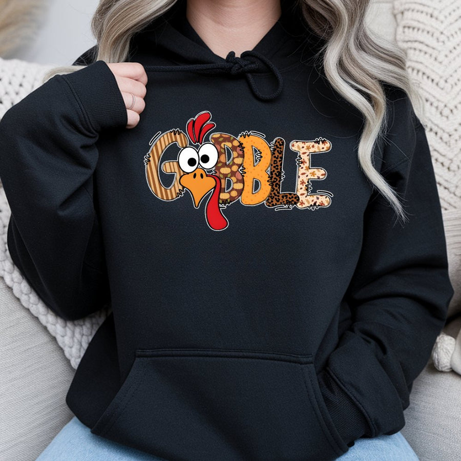 Gobble Thanksgiving Hoodie | Cute Turkey Leopard Print Graphic | Premium Cotton Blend | Funny Holiday Gift for Women and Families