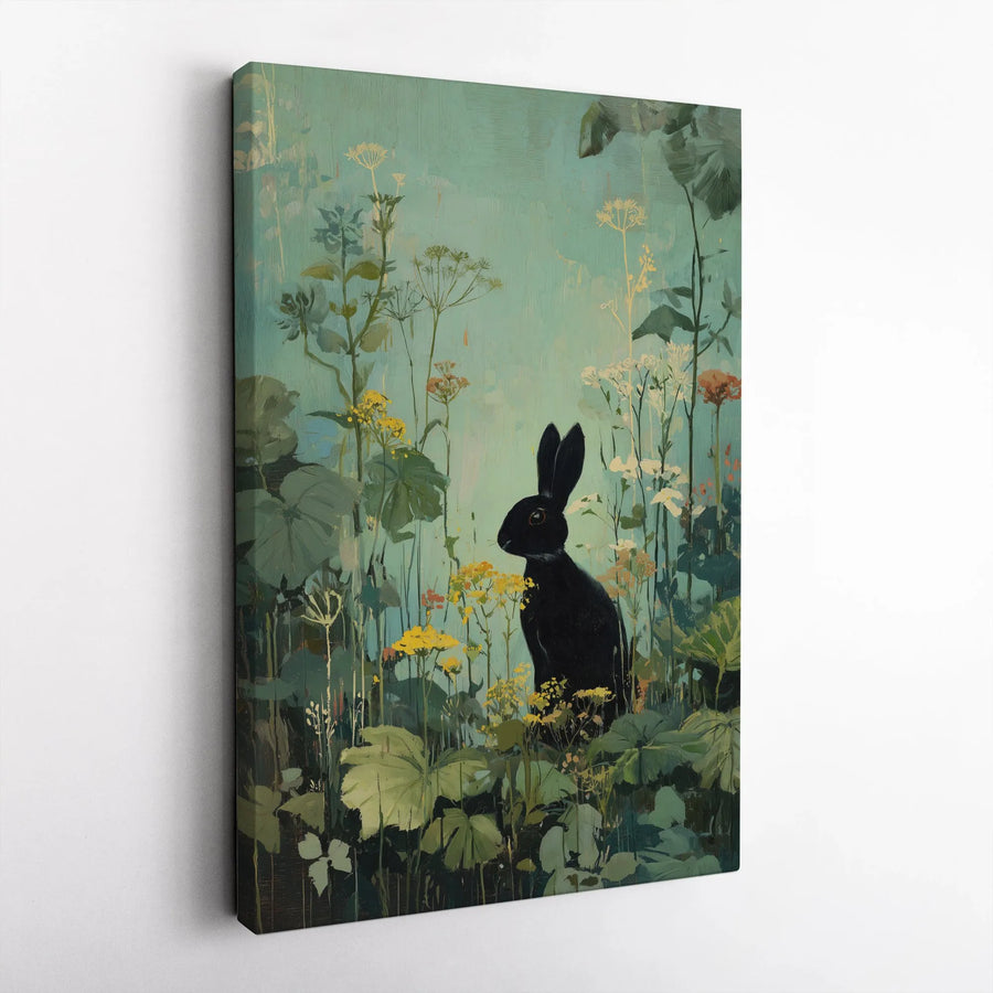 Black Rabbit Canvas Wall Art | Vintage Wildflower Meadow Painting | Premium Gallery Wrapped Print | Cottagecore Woodland Nursery Decor Gift