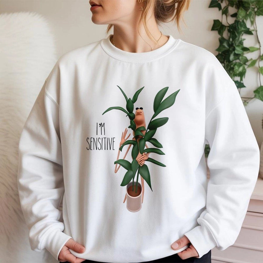 I'm Sensitive Sweatshirt | Funny Plant Worm Graphic | Premium Cotton Blend Cozy Pullover | Unique Gift for Introverts and Plant Lovers