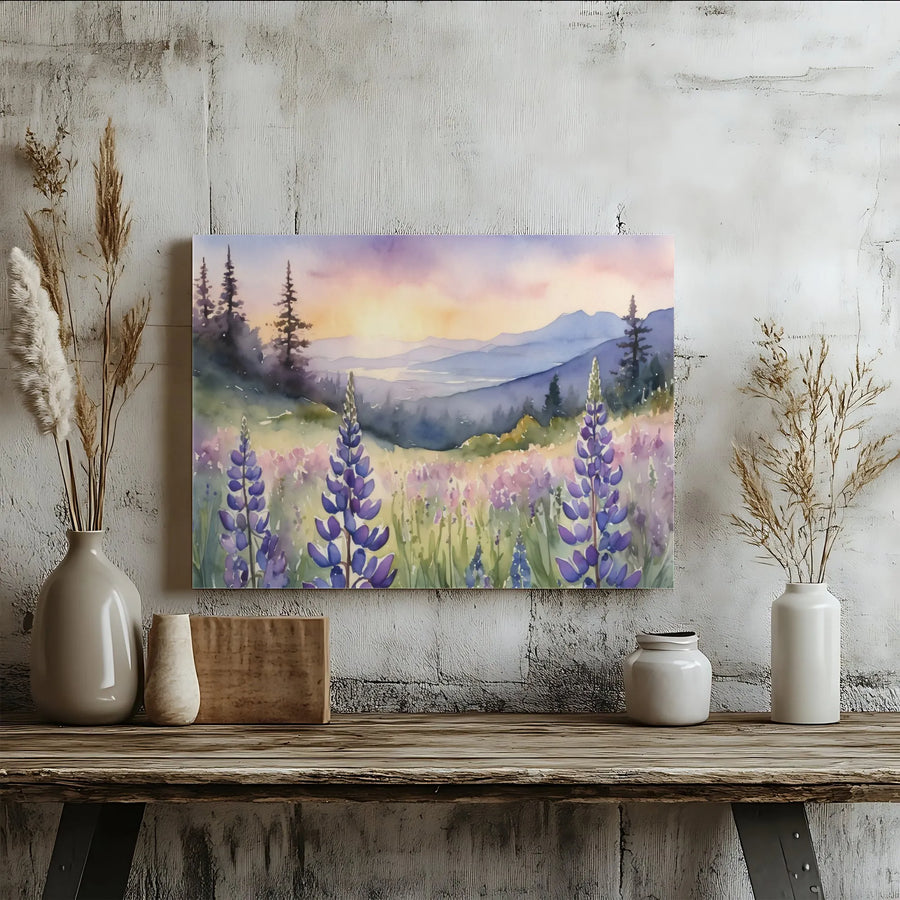 Watercolor Mountain Canvas Art | Purple Lupine Wildflower Landscape | Premium Fade-Resistant Gallery Wrap | Scenic Nature Wall Decor Gift