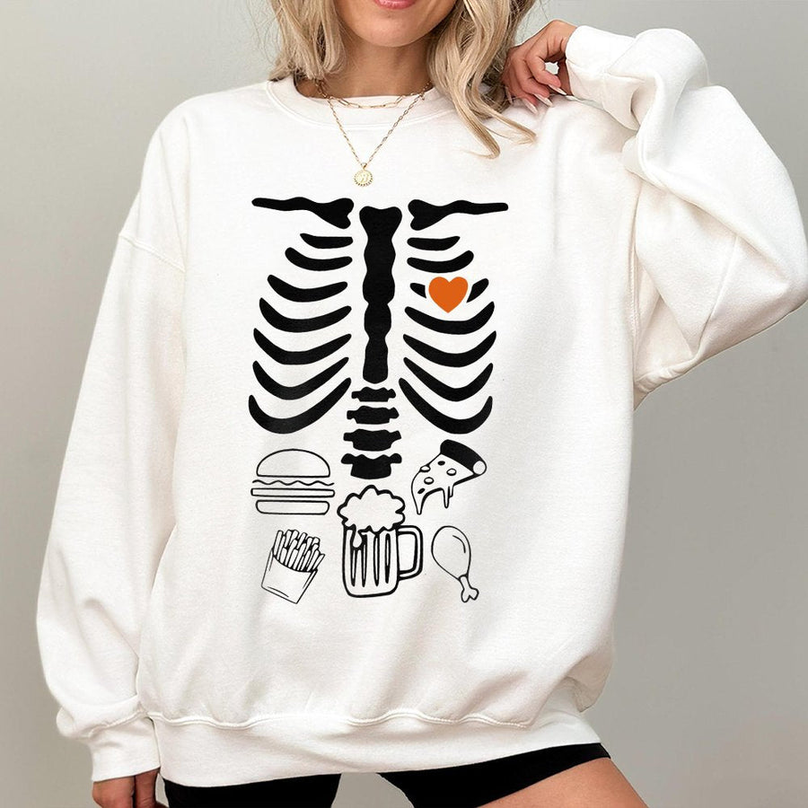 Skeleton Halloween Sweatshirt | Funny Foodie X-Ray Graphic | Cotton Blend Premium Crewneck | Dad Pregnancy Announcement Gift For Him