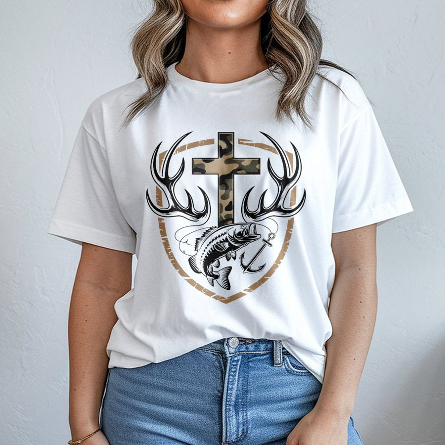 Faith Hunting T-Shirt | Camo Cross Antlers & Bass Fish Graphic | Premium Cotton Unisex Tee | Rustic Outdoor Christian Gift For Outdoorsmen