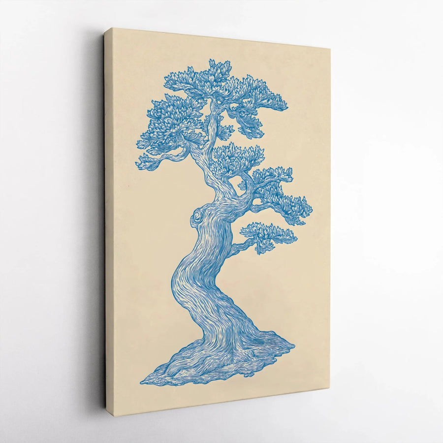 Japanese Bonsai Tree Canvas Print | Blue Linocut Style Wall Art | Premium Gallery-Wrapped Gallery Quality | Minimalist Home Decor Gift