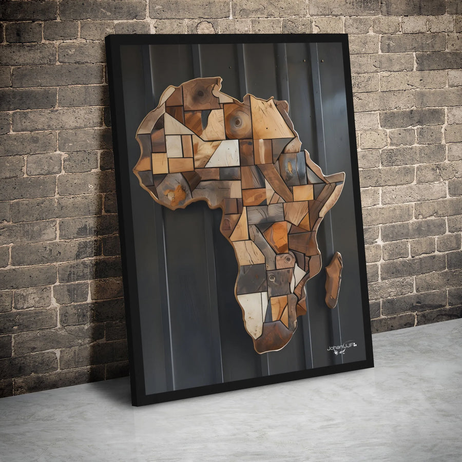 Africa Map Wall Art | Wooden Mosaic Patchwork Style Print | Premium Gallery Wrap Canvas | Modern Home Decor Gift For Travel Lovers