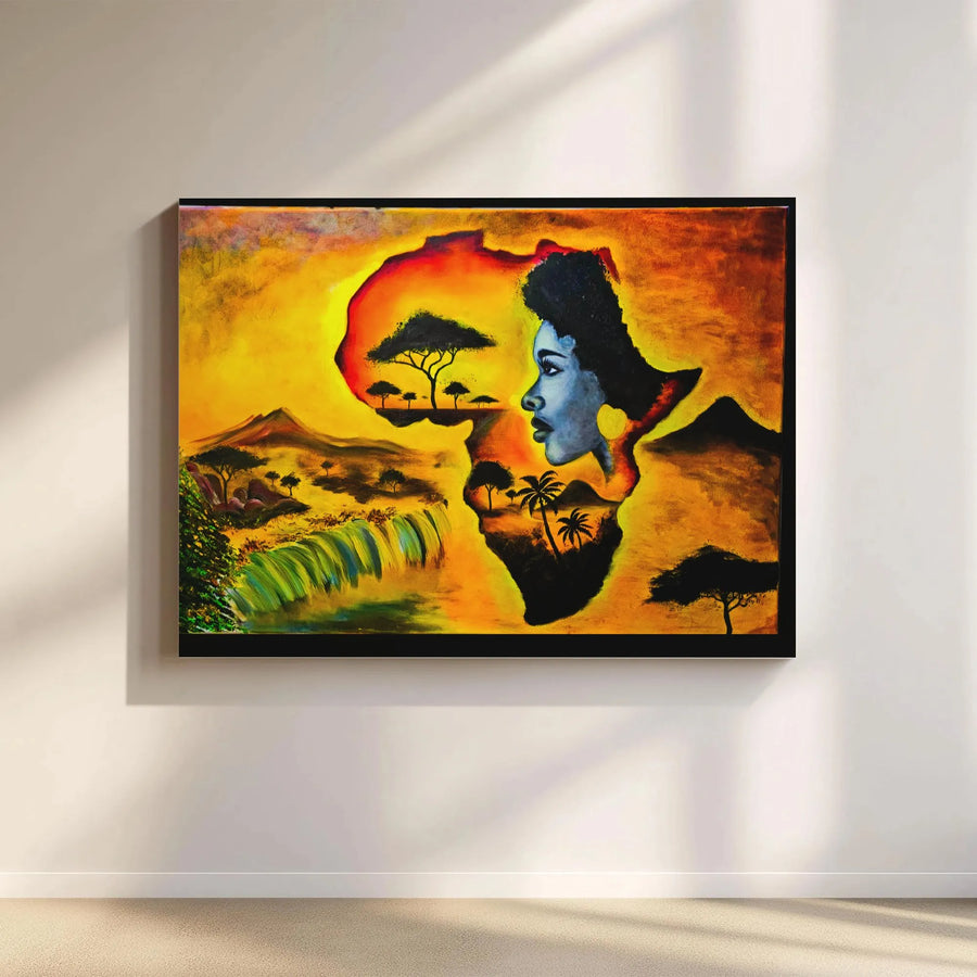 African Woman Canvas Print | Africa Map Silhouette with Savannah | Premium Fade-Resistant Gallery Art | Afrocentric Home Decor Gift