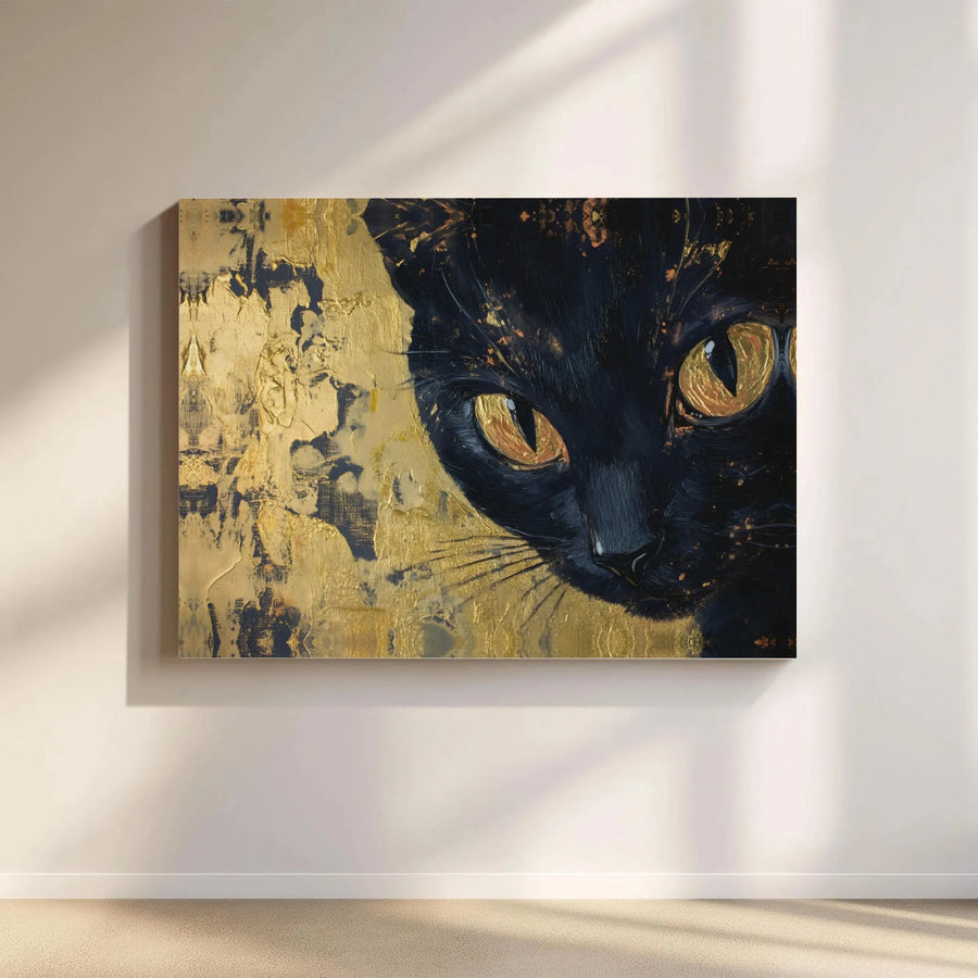Black Cat Wall Art | Abstract Gold Leaf Canvas Print | Premium Gallery Wrapped Decor | Modern Cat Lover Gift for Home Office