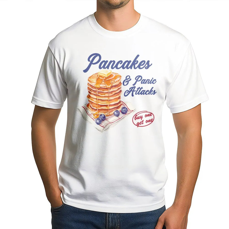 Pancakes and Panic Attacks T-Shirt | Funny Breakfast Food Graphic Tee | Premium 100% Cotton Soft Shirt | Sarcastic Gift for Women & Men