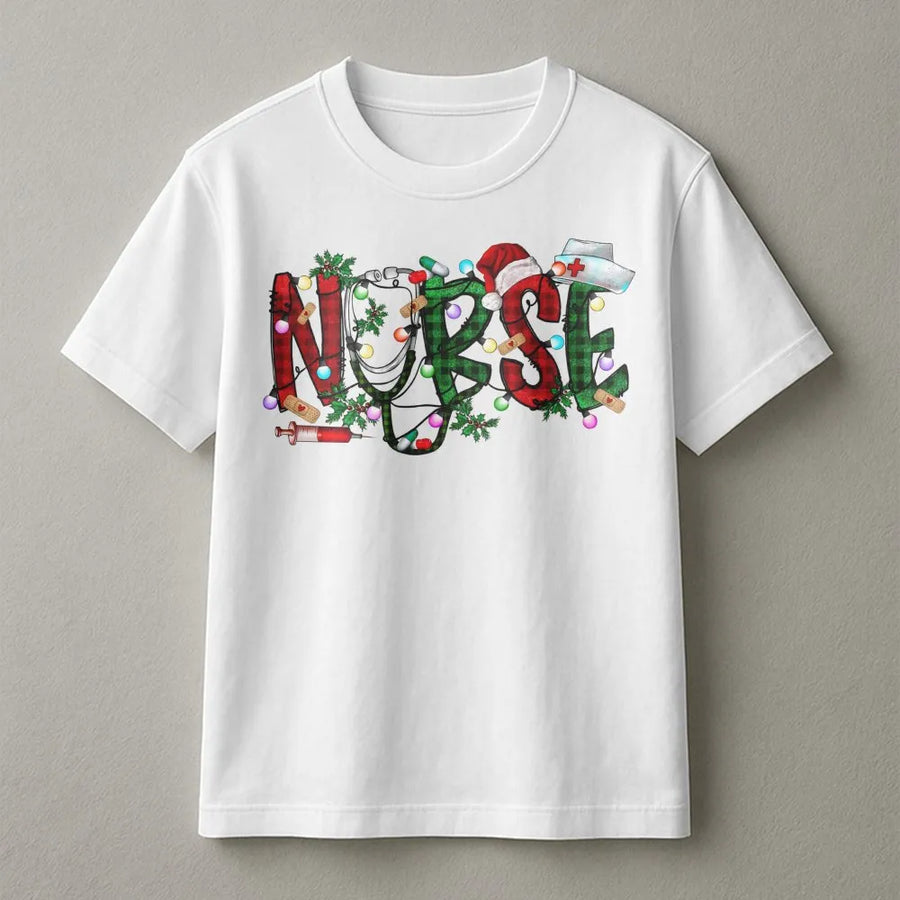 Christmas Nurse T-Shirt | Buffalo Plaid Medical Design | Premium Soft Cotton | Funny Holiday Gift For RN Nursing Student