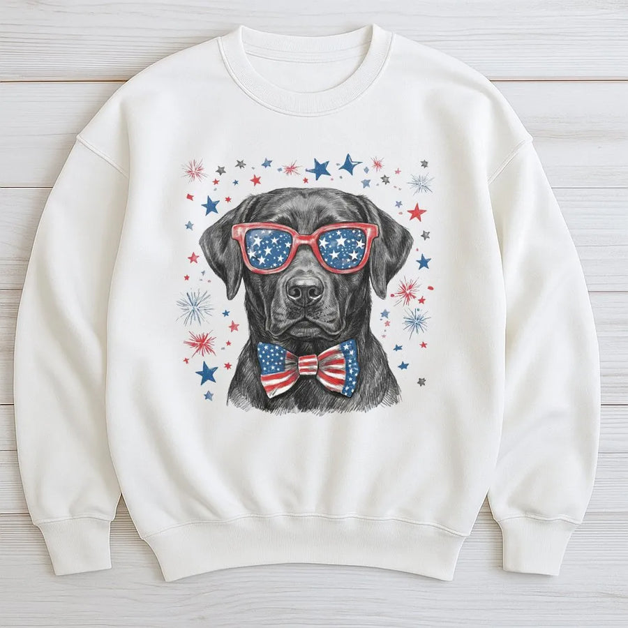Patriotic Black Lab Sweatshirt | Funny 4th of July Dog with USA Flag Glasses | Soft Cotton Blend Crewneck | America 250th Anniversary Gift for Dog Lover