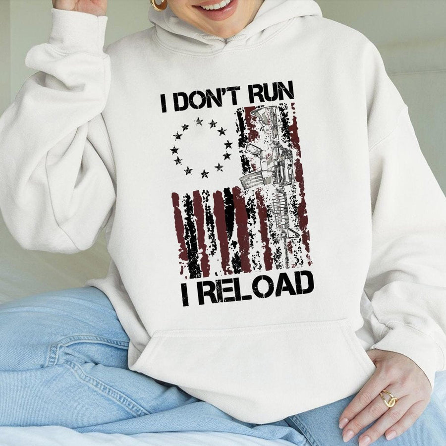 I Don't Run I Reload Hoodie | Patriotic 2nd Amendment Graphic | Cotton Blend Premium Pullover | Gift for Gun Enthusiasts and American Patriots