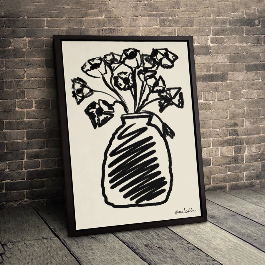 Minimalist Floral Canvas Wall Art | Black and White Sketch Flower Vase Print | Gallery Quality 1.25 inch Thick | Modern Home Office Decor Gift
