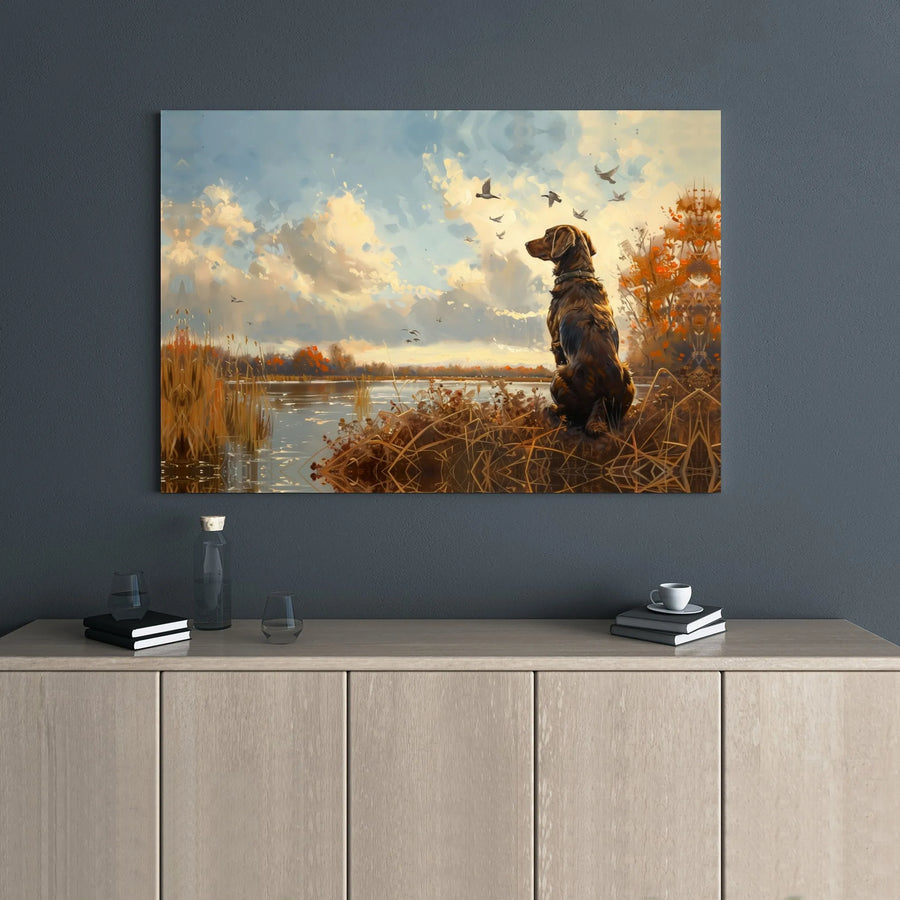 Hunting Dog Lake Canvas Print | Autumn Landscape Duck Hunting Art | 1.25 Inch Gallery Wrap Wall Decor | Premium Wildlife Gift for Outdoorsman