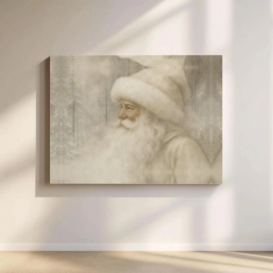 Vintage Santa Claus Wall Art | Neutral Snowy Woods Portrait | Premium Fade-Resistant Canvas | Rustic Christmas Holiday Home Decor