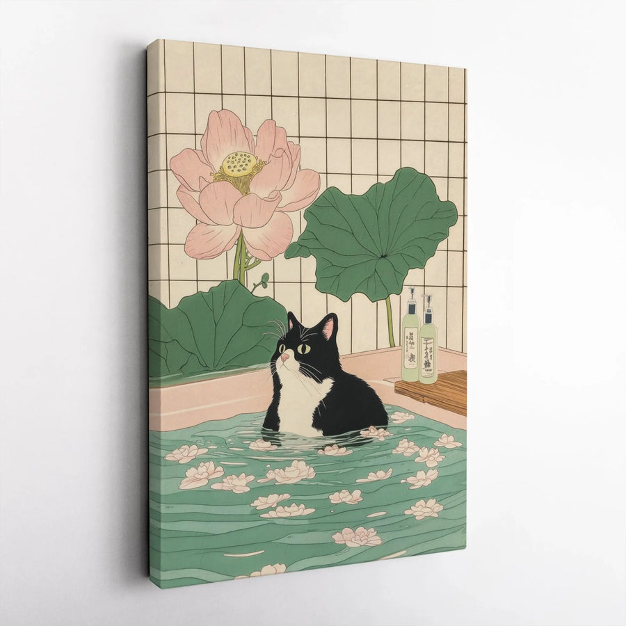 Japanese Cat Art Vertical Canvas | Ukiyo-e Style Black Cat in Lotus Bath | Premium Gallery Wrap Canvas | Unique Bathroom Wall Decor Gift for Cat Lovers