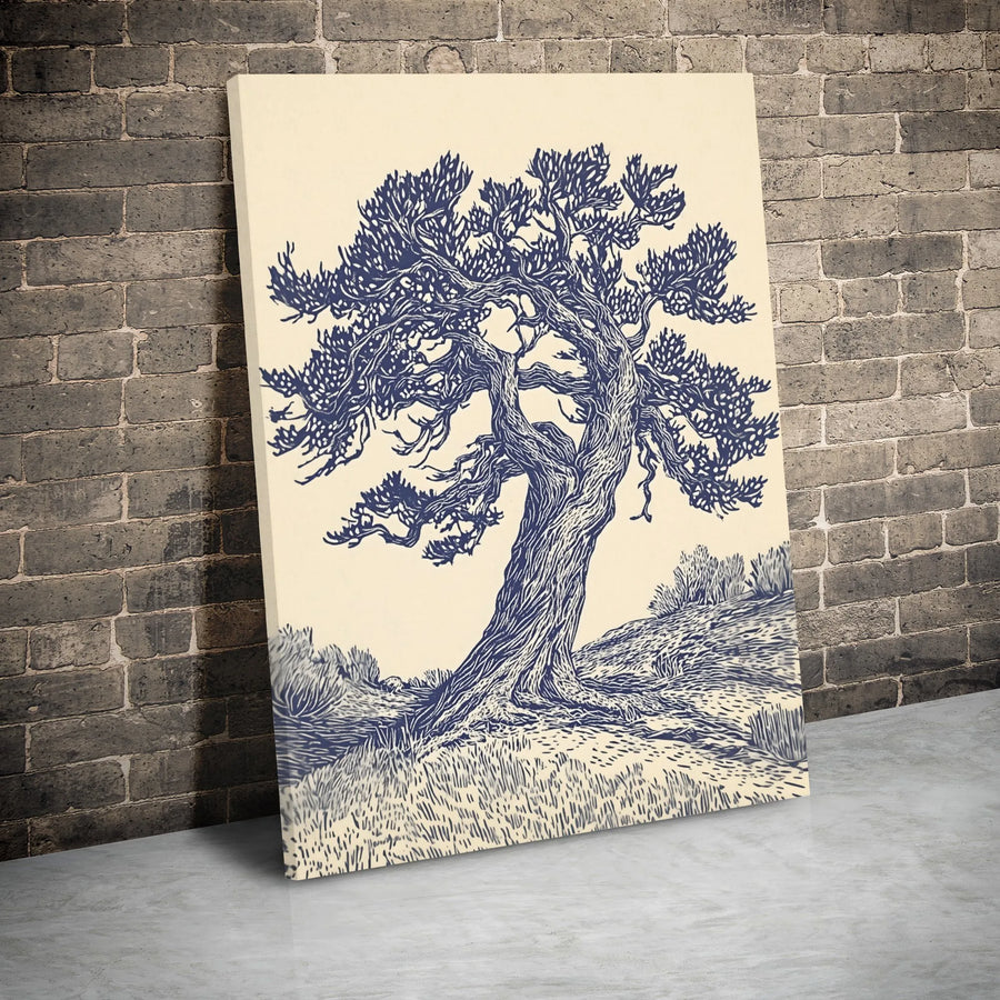 Windswept Bonsai Tree Wall Art | Woodcut Illustration Print | Gallery-Wrapped Premium Canvas | Modern Nature Home Decor Gift