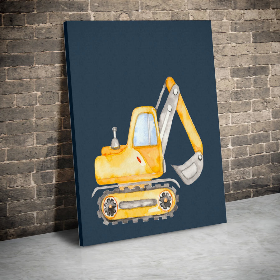 Watercolor Excavator Wall Art | Yellow Construction Vehicle Print | Premium Gallery Canvas | Perfect Nursery or Boy's Room Decor Gift