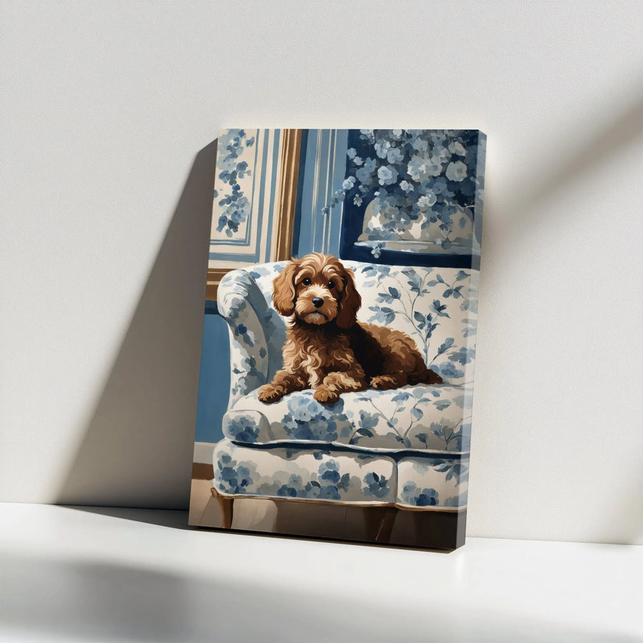Cockapoo Canvas Wall Art | Vintage Dog Portrait on Blue Floral Chair | Premium Gallery Wrapped Canvas | Gift for Dog Mom & Preppy Home Decor