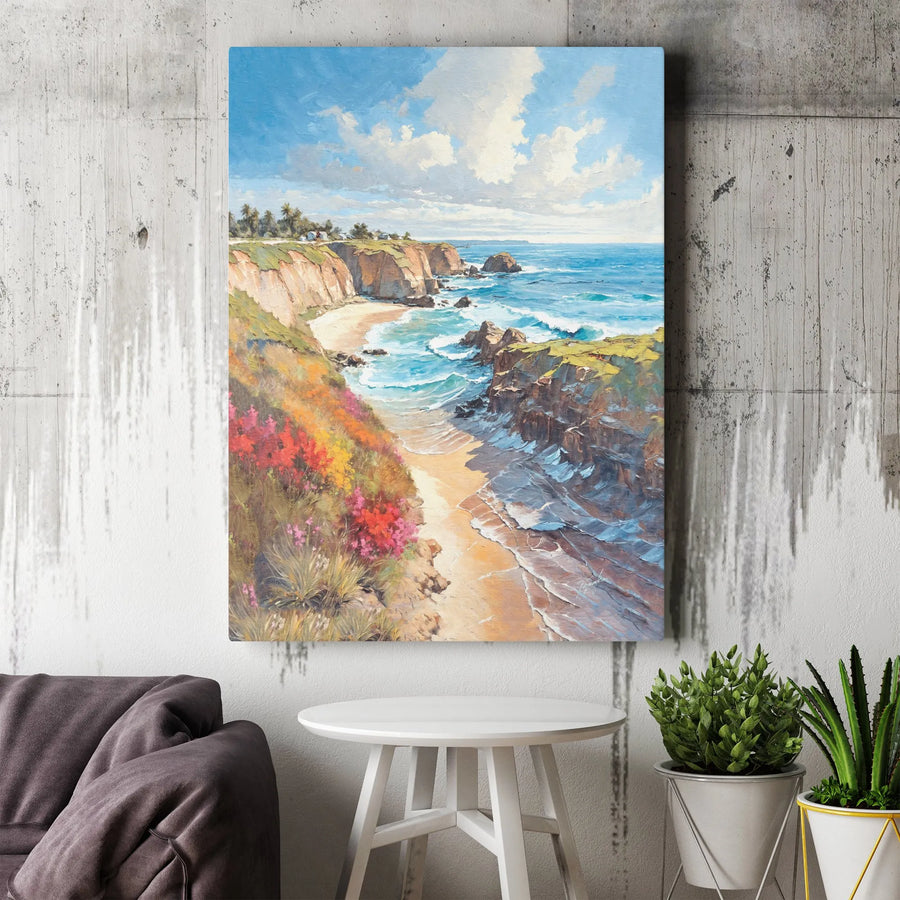 California Coastline Canvas Wall Art | Impressionist Ocean Waves & Wildflowers | Premium Gallery-Wrapped Print | Coastal Home Decor Gift