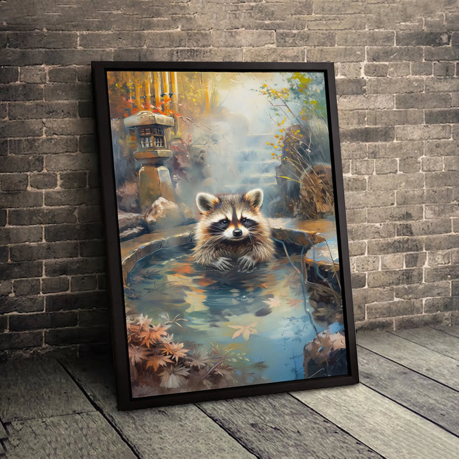 Raccoon Canvas Wall Art | Japanese Onsen Hot Spring Bathing Aesthetic | Premium Fade-Resistant Gallery Wrap | Whimsical Animal Nature Decor Gift