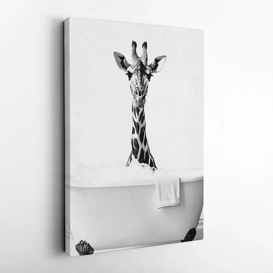 Giraffe In Bathtub Wall Art | Black and White Animal Canvas | Premium 1.25 Inch Gallery Wrap | Whimsical Bathroom Decor Gift