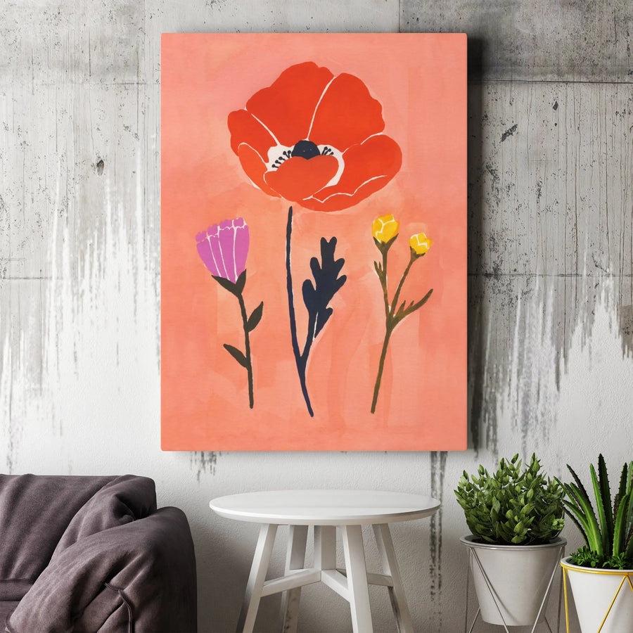 Red Poppy Canvas Wall Art | Modern Botanical Illustration | Premium Gallery Wrapped Canvas | Living Room & Bedroom Decor Gift