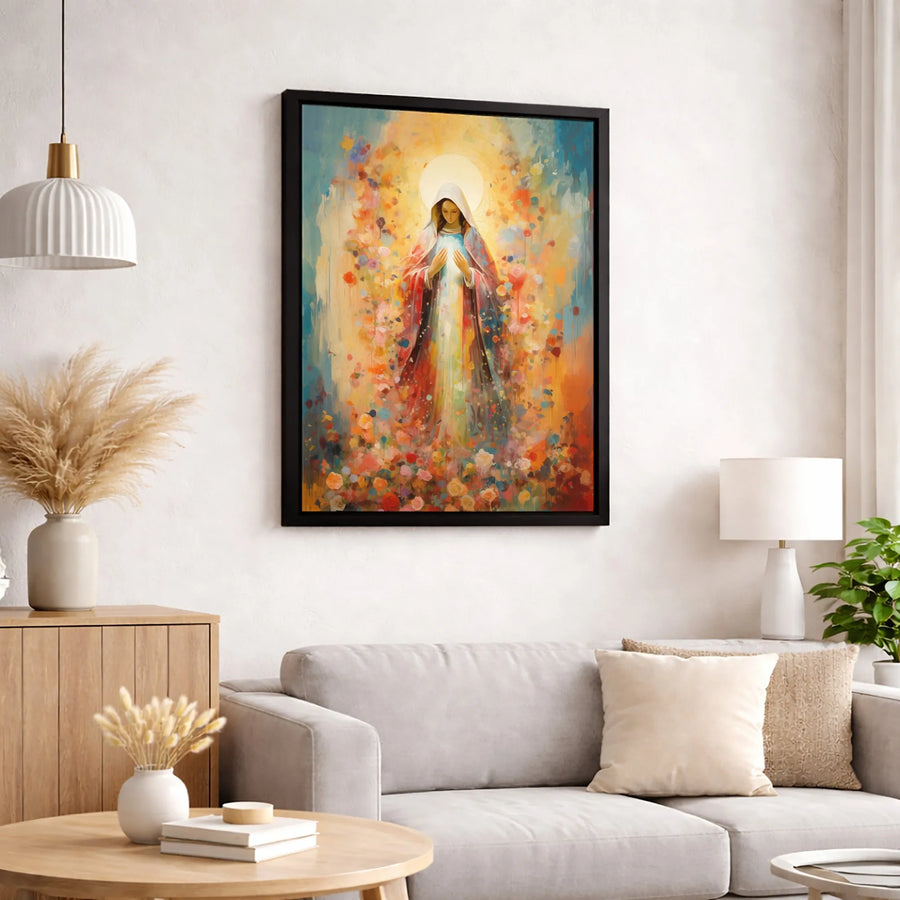 Virgin Mary Canvas Wall Art | Colorful Floral Abstract Religious Print | 1.25 Inch Gallery Wrap | Premium Christian Home Decor Gift