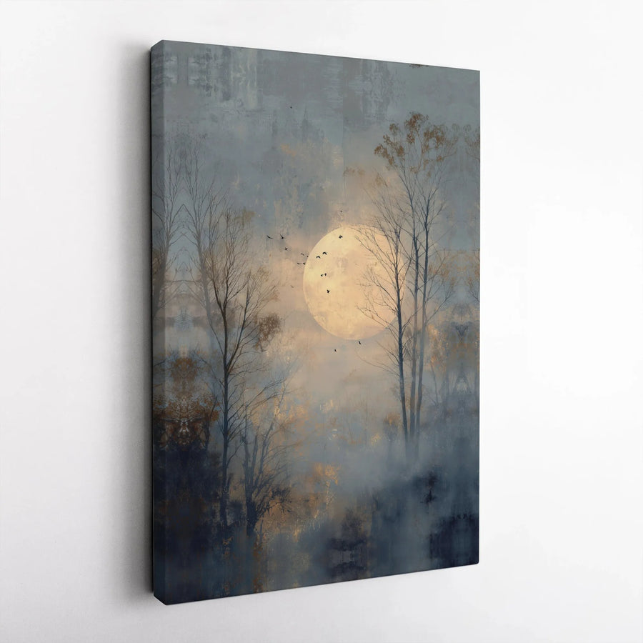 Misty Forest Moon Canvas Art | Vintage Full Moon Landscape Print | Fade-Resistant Gallery Canvas | Modern Farmhouse Decor Gift