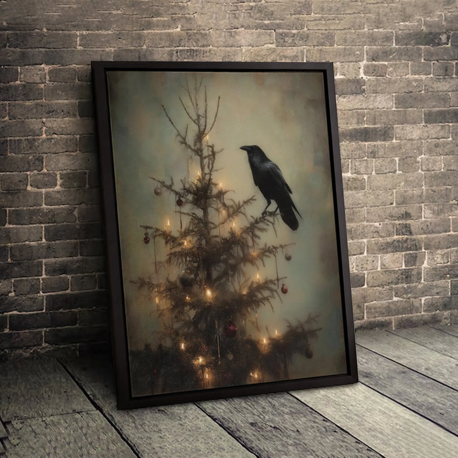 Gothic Raven Christmas Tree Wall Art | Dark Academia Holiday Decor | Premium Fade-Resistant Canvas | Moody Victorian Home Gift