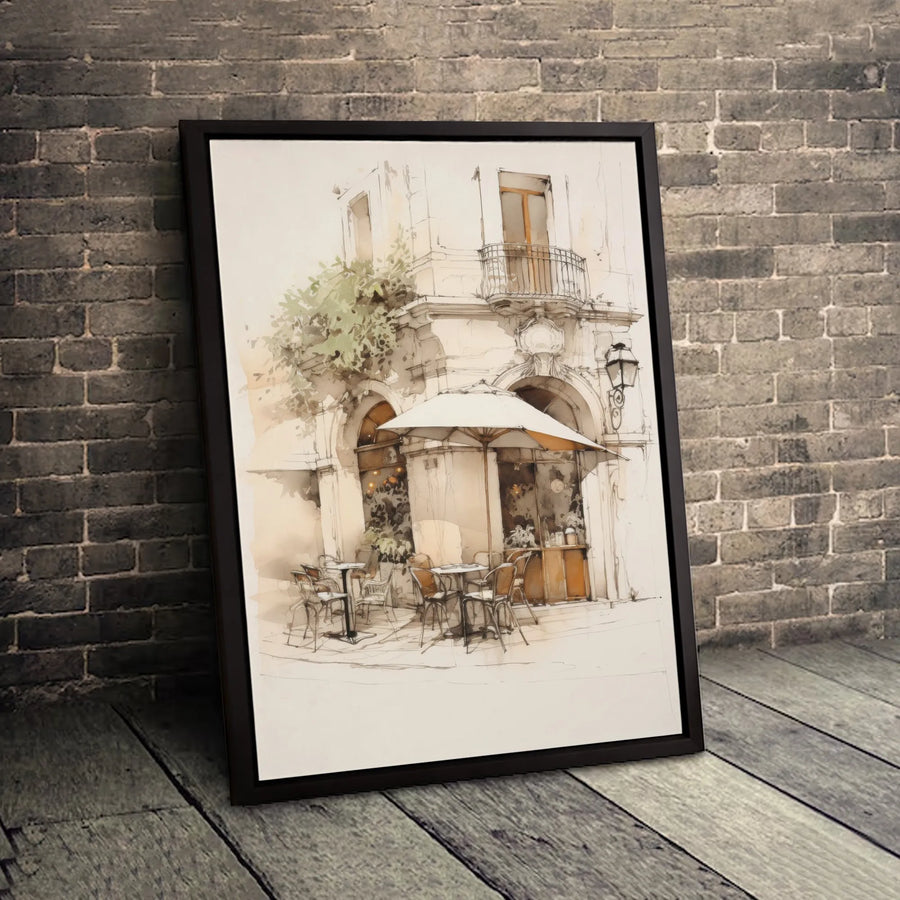 Italian Street Cafe Canvas Art | Parisian Bistro Watercolor Sketch | Gallery Quality Framed Wall Decor | Premium European Travel Gift