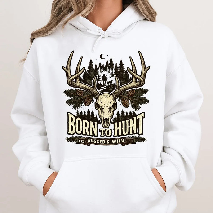 Born To Hunt Hoodie | Whitetail Deer Skull Graphic Sweatshirt | Rugged Hunting Apparel | Premium Gift for Hunter and Outdoorsman