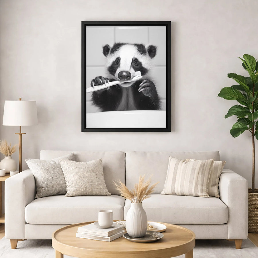 Badger Brushing Teeth Canvas Art | Funny Animal Bathroom Decor | Gallery-Wrapped Premium Print | Whimsical Wall Art Gift for Animal Lovers