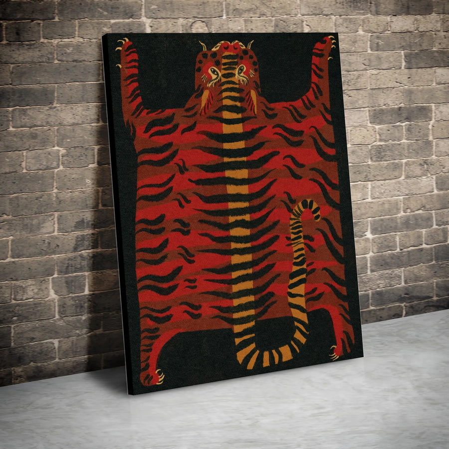 Japanese Red Tiger Rug Wall Art | Traditional Folk Art Canvas Print | Premium Gallery Wrapped Decor | Unique Living Room Office Gift