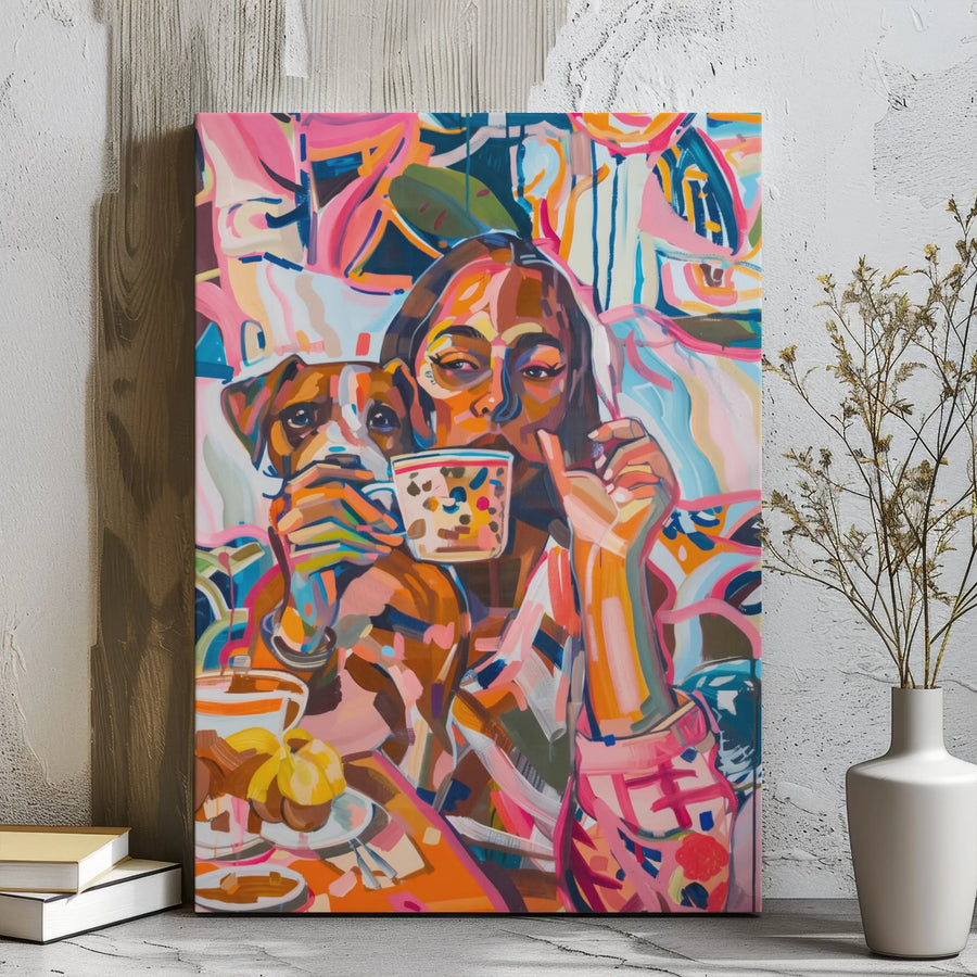 Abstract Woman And Dog Canvas Art | Colorful Coffee Shop Expressionist Painting | Gallery-Wrapped Premium Decor | Gift For Dog Lovers