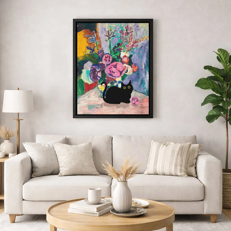 Black Cat Wall Art | Abstract Floral Bouquet Oil Painting Style | Premium Gallery Wrapped Canvas | Whimsical Gift For Cat Lovers