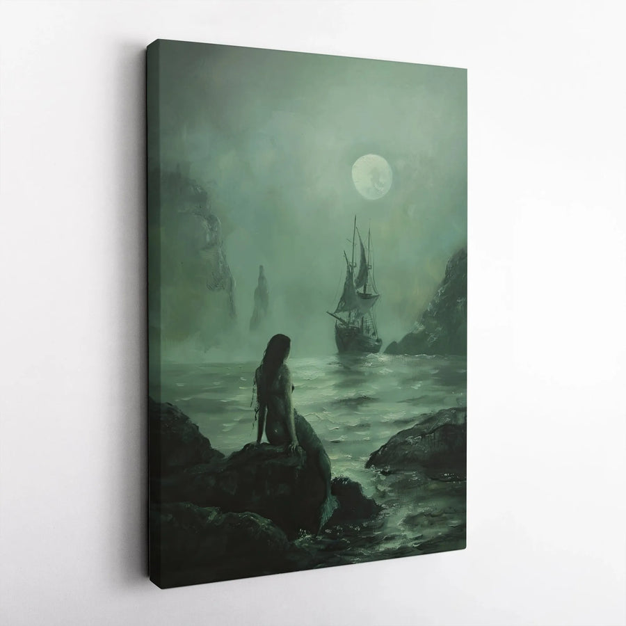 Gothic Mermaid Canvas Art | Moody Moonlit Ocean Seascape | Premium Gallery-Wrapped Print | Dark Academia Home Decor Gift