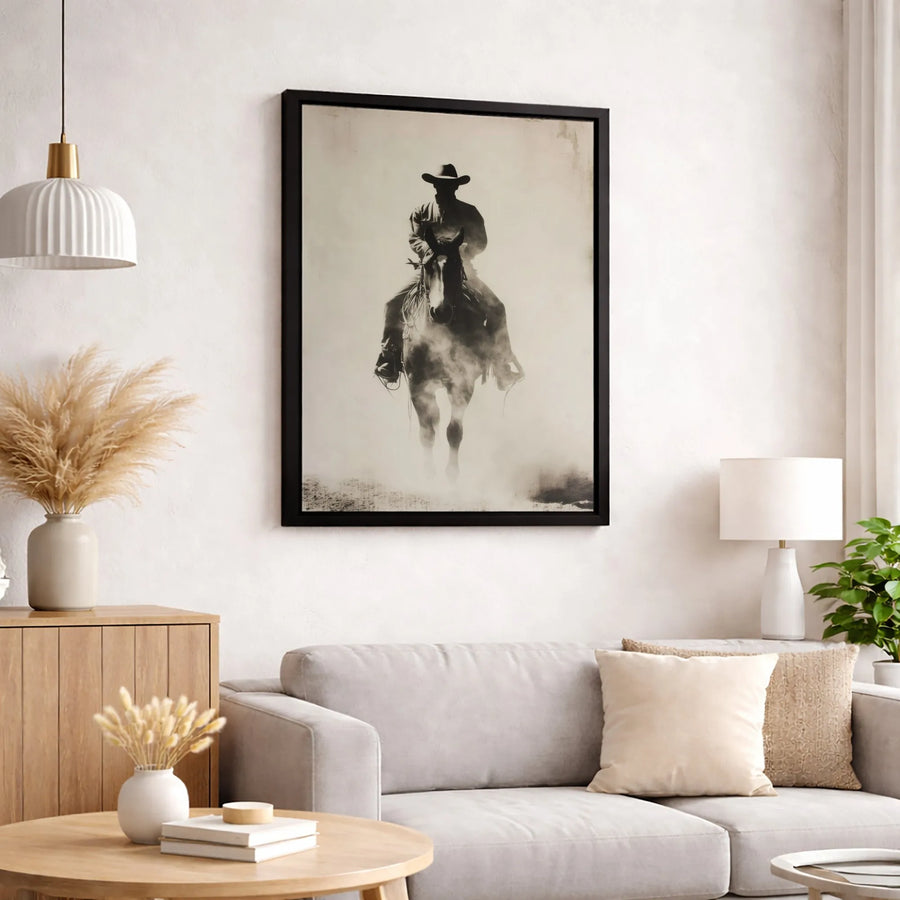 Western Cowboy Wall Art | Vintage Horse Riding Silhouette Print | Premium Gallery Wrapped Canvas | Rustic Home Decor Gift for Him